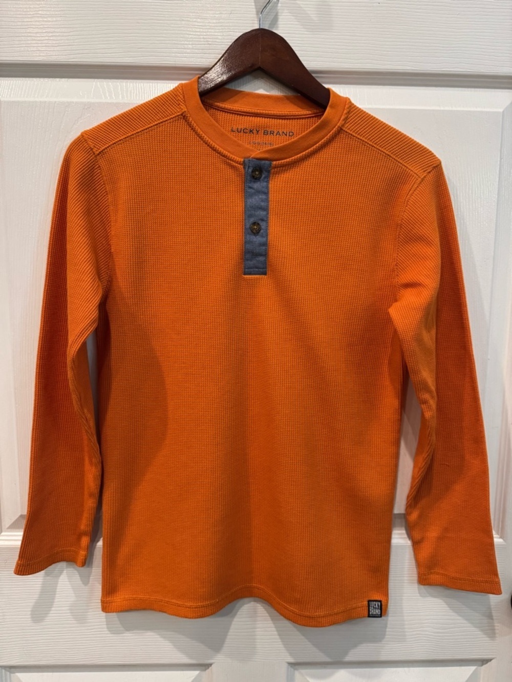 Lucky Brand Shirt Youth Boys Large 14-16 Orange Waffle Knit Henley Pullover